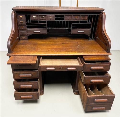 56" Oak Secretary Desk with Pigeonholes and Multi Drawer Interior Vintage Desk