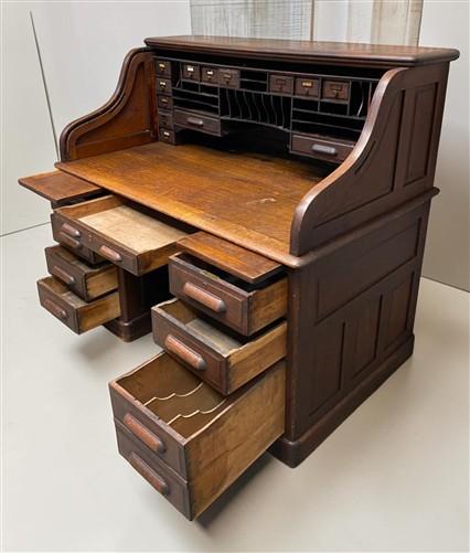 56" Oak Secretary Desk with Pigeonholes and Multi Drawer Interior Vintage Desk