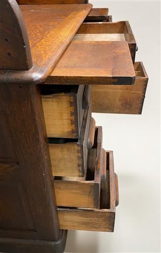 56" Oak Secretary Desk with Pigeonholes and Multi Drawer Interior Vintage Desk
