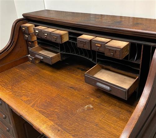 56" Oak Secretary Desk with Pigeonholes and Multi Drawer Interior Vintage Desk