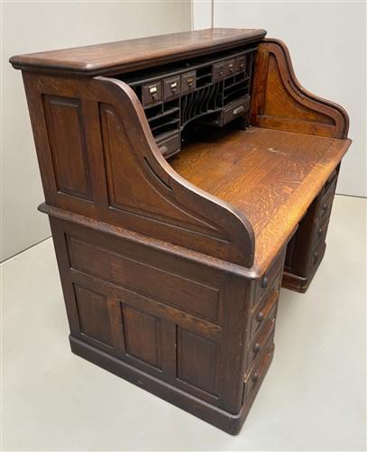 56" Oak Secretary Desk with Pigeonholes and Multi Drawer Interior Vintage Desk