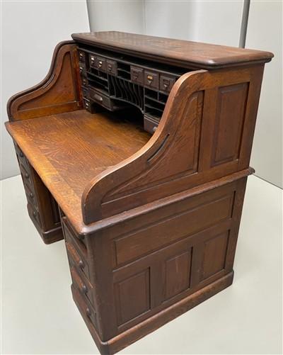 56" Oak Secretary Desk with Pigeonholes and Multi Drawer Interior Vintage Desk