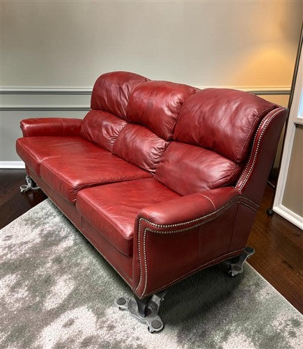 Flexsteel Latitudes Maroon Leather Sofa Couch Nailhead Trim Poly Furniture, Sofa