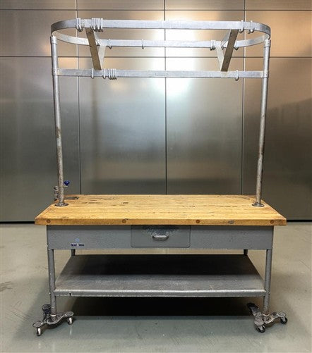 6' Industrial Butcher Block Table with Overhead Pot and Pan Rack, Kitchen Island
