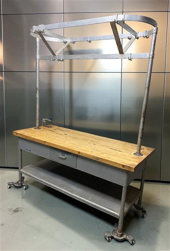 6' Industrial Butcher Block Table with Overhead Pot and Pan Rack, Kitchen Island