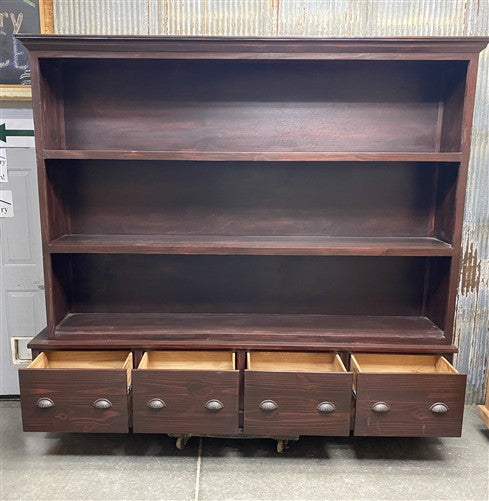 8' Brown Bookcase Display Cabinet 4 Drawer Rustic Open Front Library Shelving