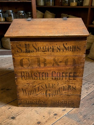 Rare Antique S.E. Seger's Sons Coffee Bin, Wood Advertising, Grocers Quincy, IL