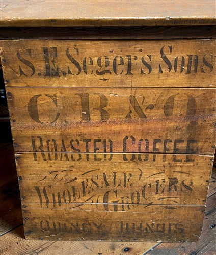 Rare Antique S.E. Seger's Sons Coffee Bin, Wood Advertising, Grocers Quincy, IL