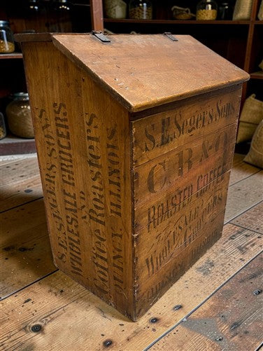 Rare Antique S.E. Seger's Sons Coffee Bin, Wood Advertising, Grocers Quincy, IL