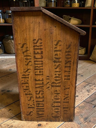Rare Antique S.E. Seger's Sons Coffee Bin, Wood Advertising, Grocers Quincy, IL