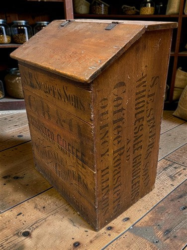 Rare Antique S.E. Seger's Sons Coffee Bin, Wood Advertising, Grocers Quincy, IL