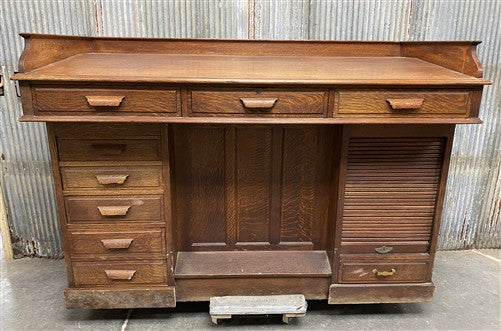 Antique Oak Merchant's Desk/General Store Counter, Work Station, Tambor Cabinet