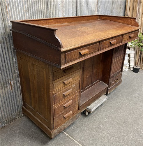 Antique Oak Merchant's Desk/General Store Counter, Work Station, Tambor Cabinet