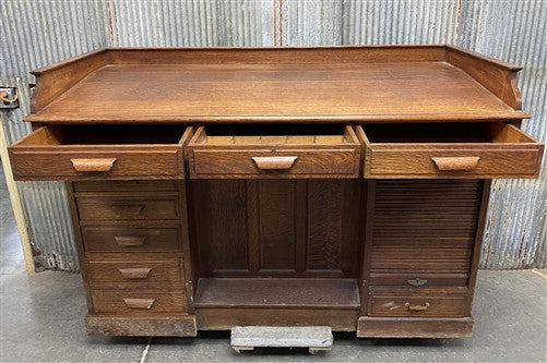 Antique Oak Merchant's Desk/General Store Counter, Work Station, Tambor Cabinet