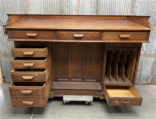 Antique Oak Merchant's Desk/General Store Counter, Work Station, Tambor Cabinet