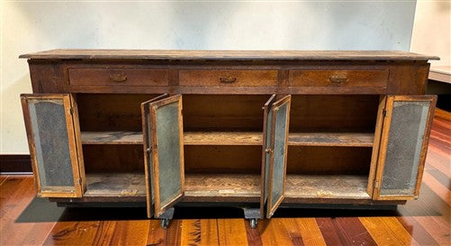 Vintage 8' Oak General Store Counter Cabinet Glass Doors Mercantile Apothecary