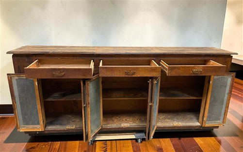 Vintage 8' Oak General Store Counter Cabinet Glass Doors Mercantile Apothecary