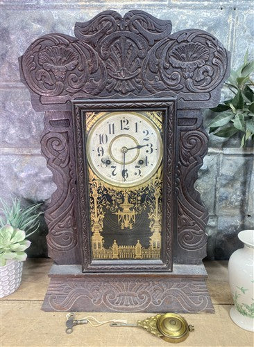 New Haven Mantel Clock, Vintage Wind Up Kitchen Parlor Clock w/ Pendulum & Key B