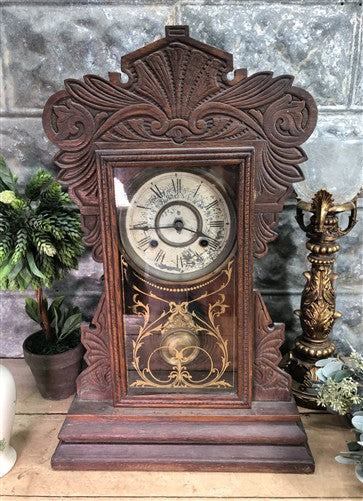 Mantel Shelf Clock, Vintage Wind Up Kitchen Parlor Clock w/ Pendulum E