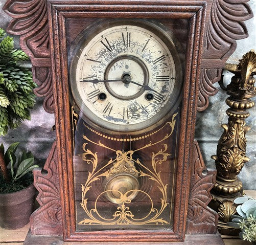Mantel Shelf Clock, Vintage Wind Up Kitchen Parlor Clock w/ Pendulum E