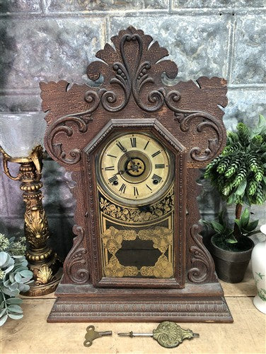 Ingraham Mantel Clock, Vintage Wind Up Kitchen Parlor Clock w/ Pendulum & Key F