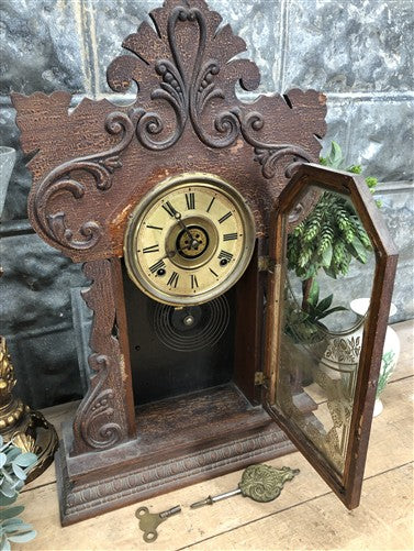 Ingraham Mantel Clock, Vintage Wind Up Kitchen Parlor Clock w/ Pendulum & Key F
