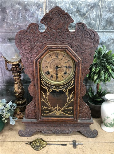 Waterbury Mantel Shelf Clock, Vintage Wind Up Kitchen Parlor w/ Pendulum & Key I