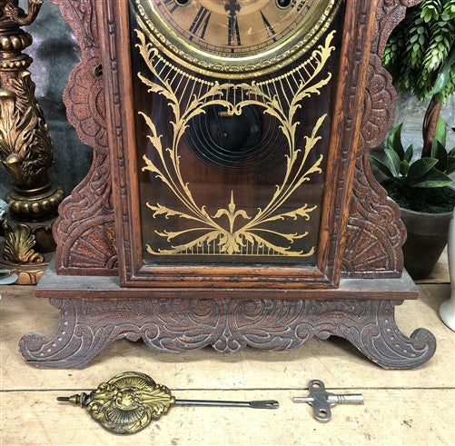 Waterbury Mantel Shelf Clock, Vintage Wind Up Kitchen Parlor w/ Pendulum & Key I