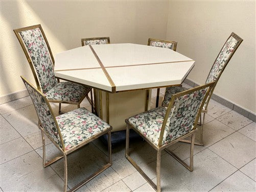 Jean Claude Mahey Style Dining Table 2 Leaves 6 Brass Chairs, Vintage Dining Set