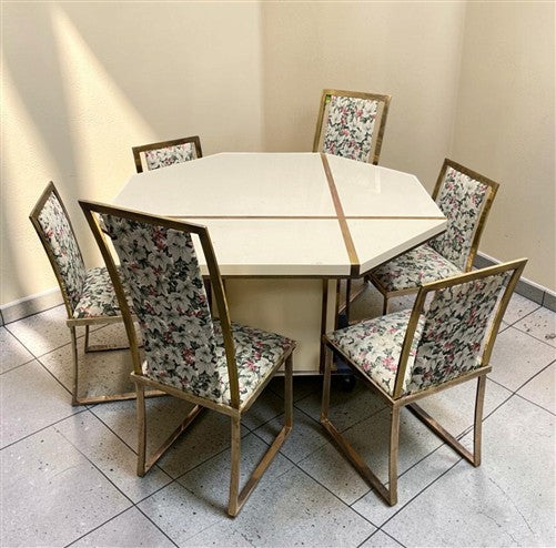 Jean Claude Mahey Style Dining Table 2 Leaves 6 Brass Chairs, Vintage Dining Set