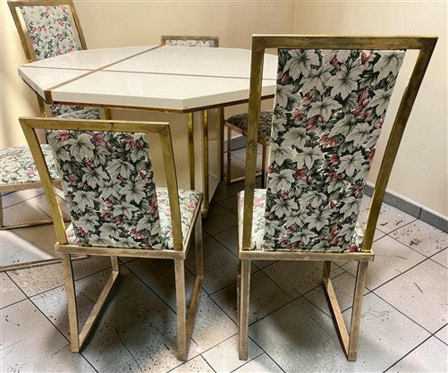 Jean Claude Mahey Style Dining Table 2 Leaves 6 Brass Chairs, Vintage Dining Set