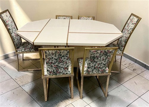 Jean Claude Mahey Style Dining Table 2 Leaves 6 Brass Chairs, Vintage Dining Set