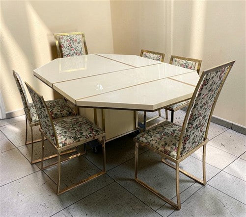 Jean Claude Mahey Style Dining Table 2 Leaves 6 Brass Chairs, Vintage Dining Set