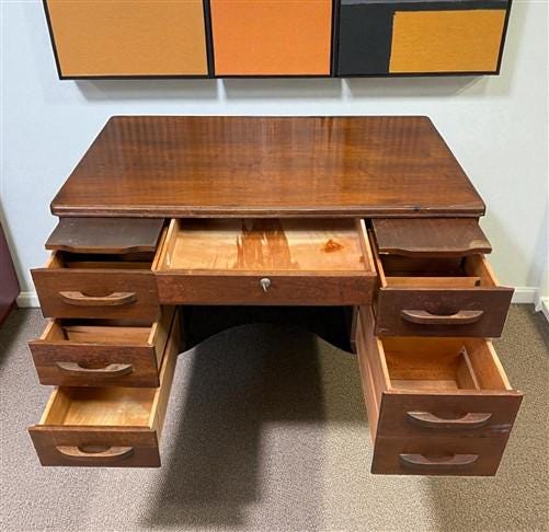 Home & Living > Furniture > Office Furniture > Desks - 50" Walnut Desk, Vintage Wood Farmhouse Table, Home Office Desk, Co...