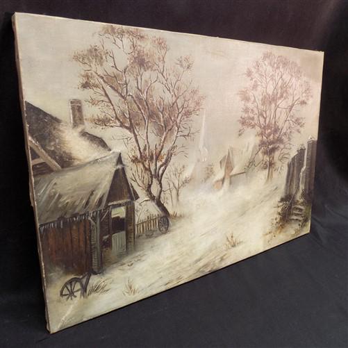Art & Collectibles > Painting > Oil - 1880s Midwest Landscape Painting on Canvas, Original Art Winter Village, C by The Ol...