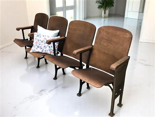 4 Vintage Wood Folding Theater Seats, Auditorium Seats, Entryway Bench, E12