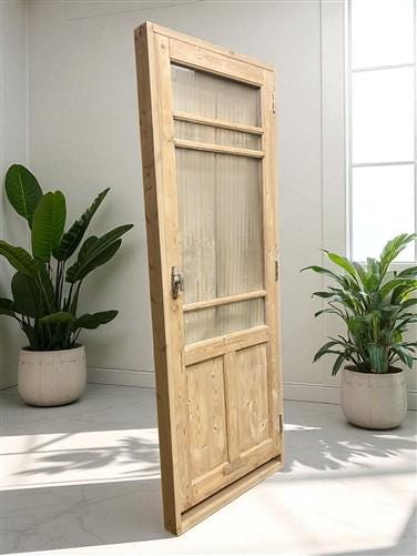 Antique French Single Door (31.5x84) Glass Pane Door with Jamb, Encased Door T33