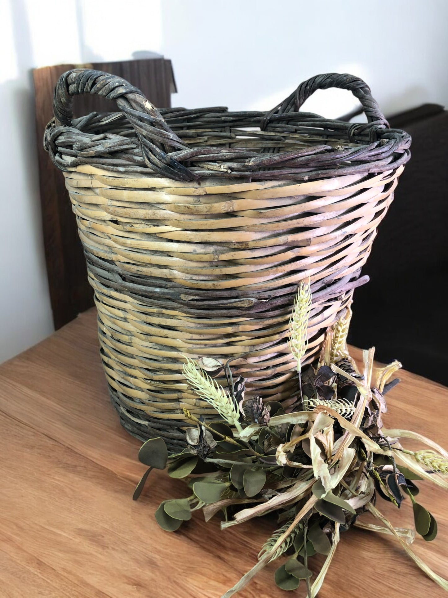 Home & Living > Storage & Organization > Baskets - Round Wicker Basket, Vintage German Woven Rattan Basket, Storage Organi...