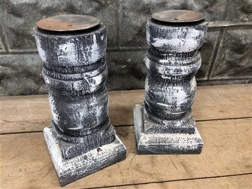 Home & Living > Home Decor > Home Accents - Pair Gray Wooden Pillar 10.5" Candlestick Holders, Decor, Table Centerpiece, A...
