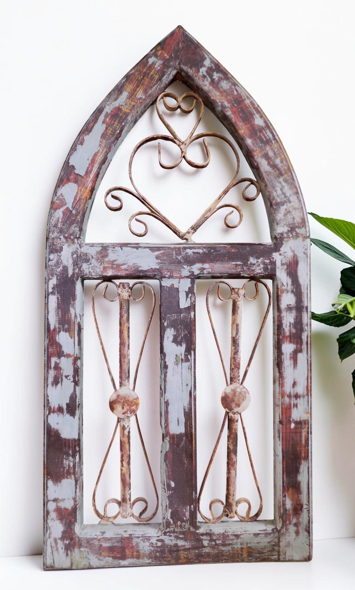 Blue Metal Heart Wood Window Frame, Arched Architectural Rustic Wall Decor A