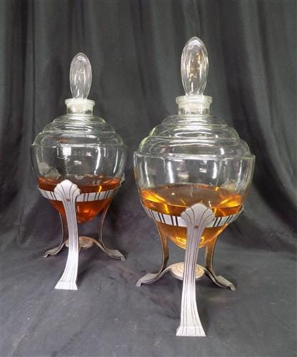 2 Antique Apothecary Show Globes, Art Deco Pharmacy Globes on Metal Stands E