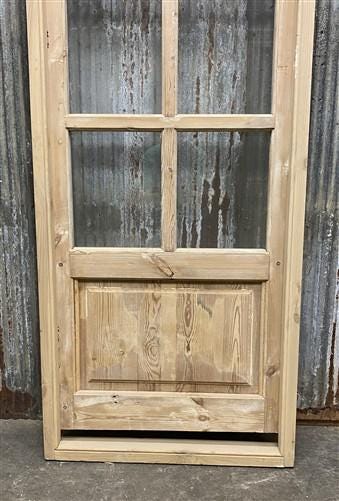 Antique French Single Door (27.5x83) Glass Pane Door with Jamb, Encased Door T14