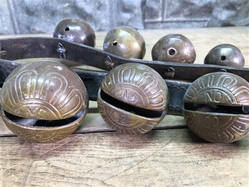 Home & Living > Home Decor > Home Accents > Bells - 17 Sleigh Bells Horse Rein Leather Strap, Christmas Winter Brass Jingl...