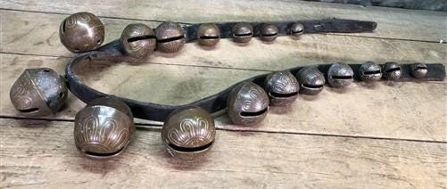 Home & Living > Home Decor > Home Accents > Bells - 17 Sleigh Bells Horse Rein Leather Strap, Christmas Winter Brass Jingl...