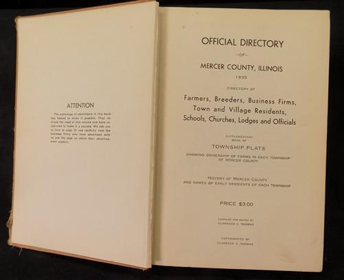 1935 Official Directory Mercer County Illinois, History Genealogy Advertising