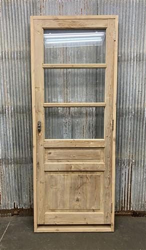 Antique French Single Door (32.5x83) Glass Pane Door with Jamb, Encased Door T54