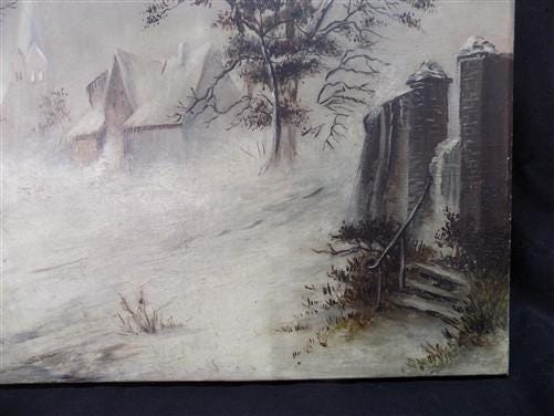 Art & Collectibles > Painting > Oil - 1880s Midwest Landscape Painting on Canvas, Original Art Winter Village, C by The Ol...