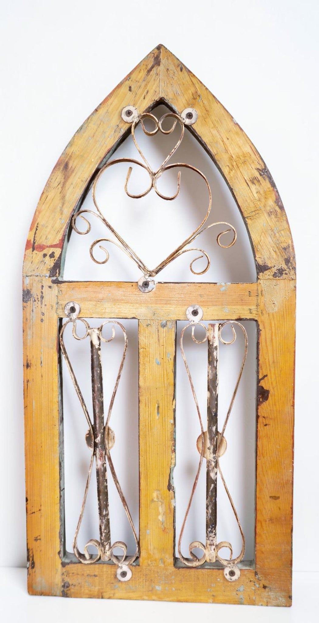 Blue Metal Heart Wood Window Frame, Arched Architectural Rustic Wall Decor A