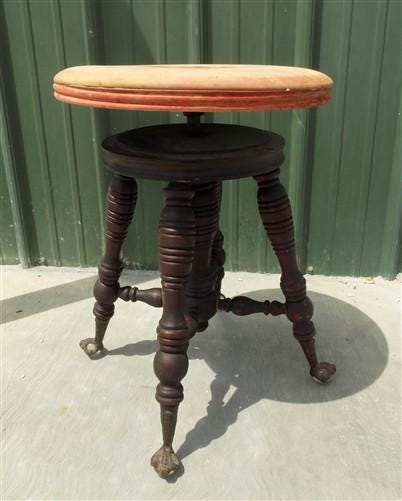 Home & Living > Furniture > Living Room Furniture - Swivel Wood Piano Organ Stool, Glass Claw Feet, Vintage Organ Bar Benc...