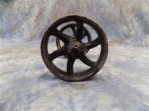 Wheel Parts - 4 Factory Cart Wheels & 2 Axles Cast Iron Vintage Lineberry Industrial Wheel a39 by The Old Grainery (antiqu...